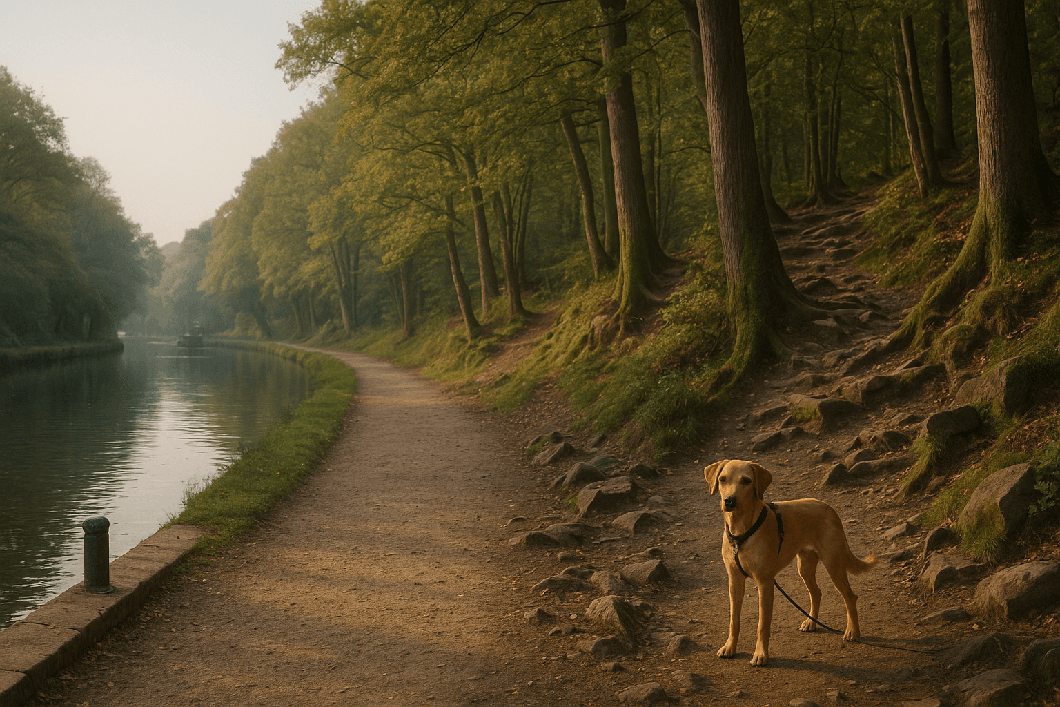 Hirst Wood path toward Shipley Glen at golden hour—woodland edge and firm track