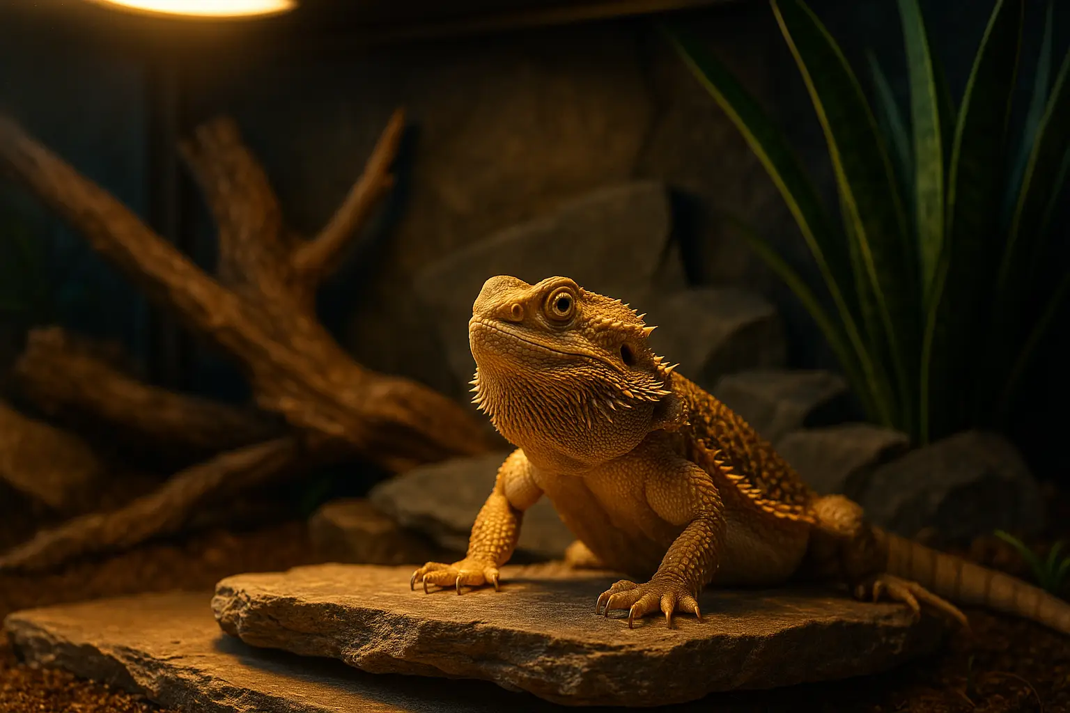 Adult bearded dragon basking on a slate platform in a naturalistic vivarium