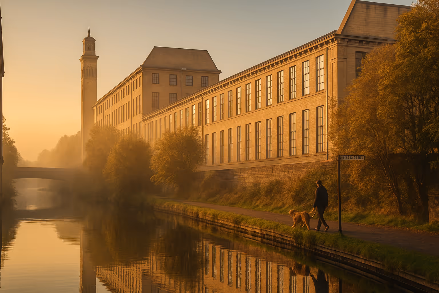 Dog walker beside Salts Mill on the Leeds–Liverpool Canal in Saltaire at sunrise — calm, local dog walking and pet care.