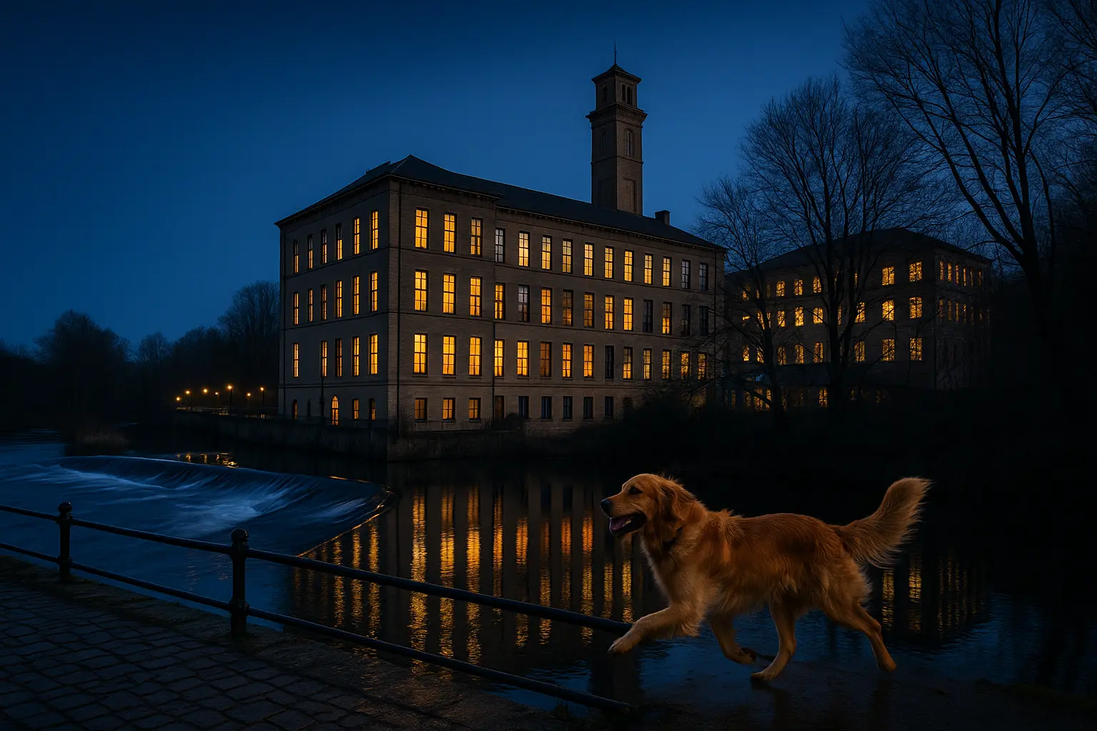 Dog on lead by the canal in Saltaire