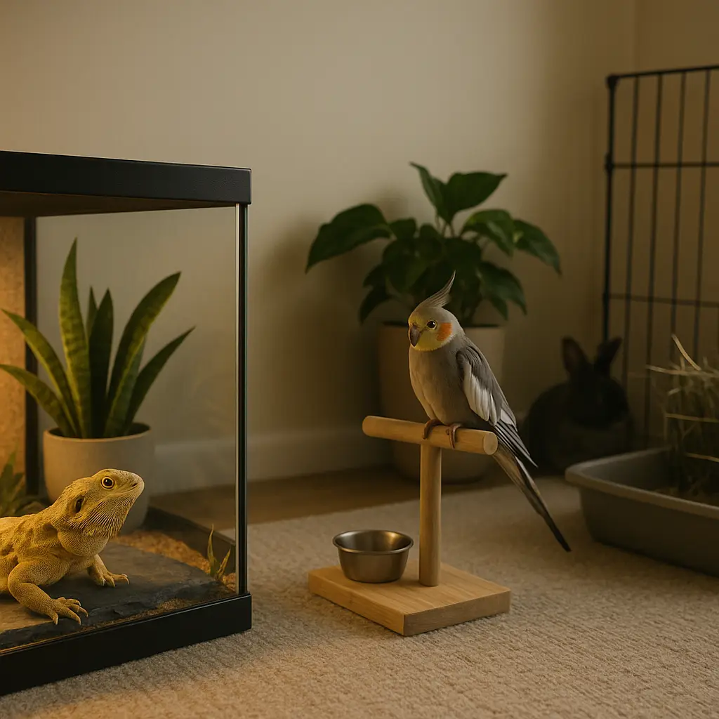 UK living-room corner with vivarium, small parrot perch and tidy rabbit pen in the background