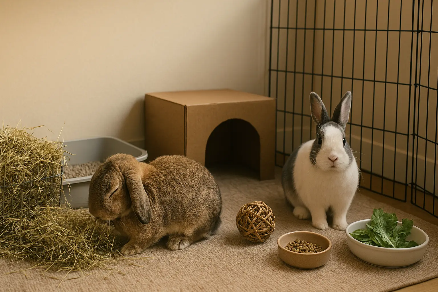 Two relaxed house rabbits beside a hay rack and litter tray