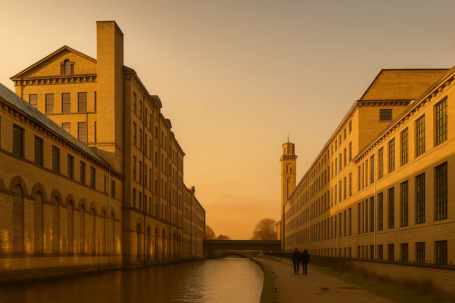 Salts Mill façade at golden hour