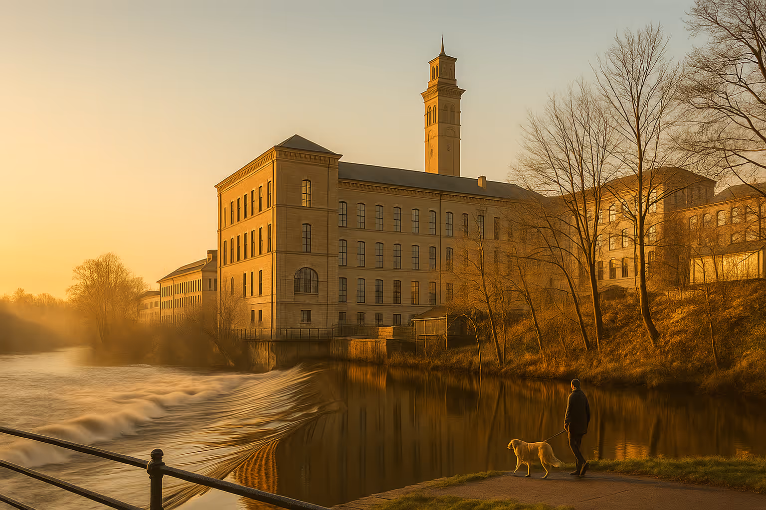 Warm dawn at Salts Mill on the River Aire in Saltaire